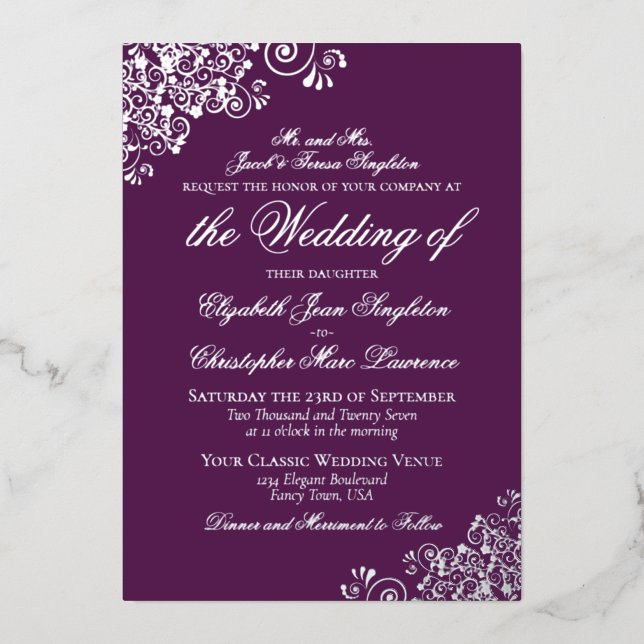 Elegant Formal Plum Purple & Silver Wedding (Front)