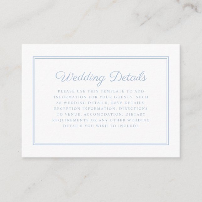 Elegant Formal Powder Blue Script Wedding Detail Enclosure Card (Front)