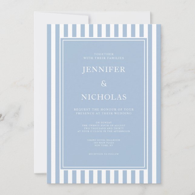 Elegant Formal Powder Blue Stripes Wedding Invitation (Front)