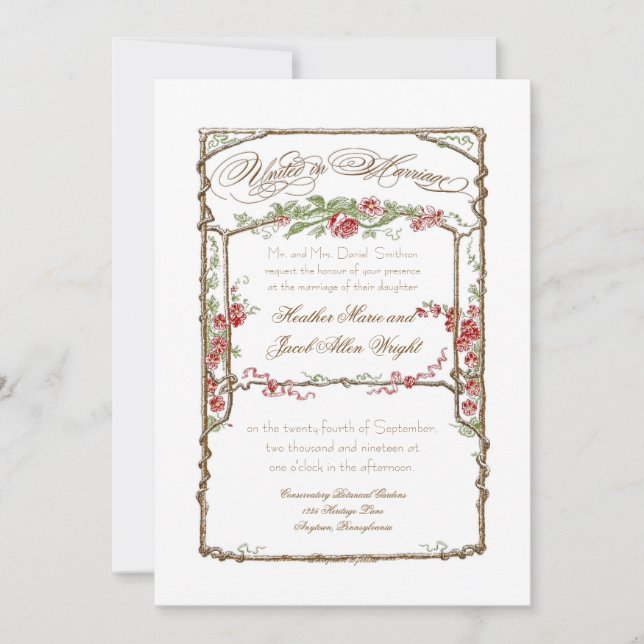 Elegant Formal Red Rose Floral Trellis Wedding Invitation (Front)