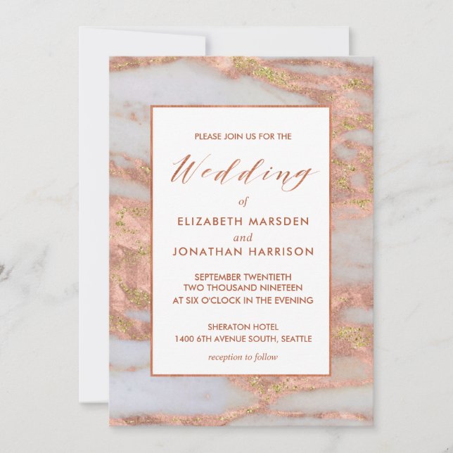 Elegant Formal Rose Gold Marble Script Wedding Invitation (Front)