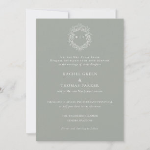 Elegant Formal Sage Crest Monogram Wedding Invitation