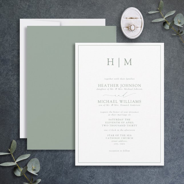 Elegant Formal Sage Green Calligraphy Monogram Invitation (Creator Uploaded)