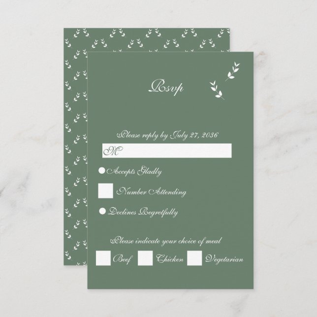 Elegant Formal Sage Olive Green Script Wedding RSVP Card (Front/Back)