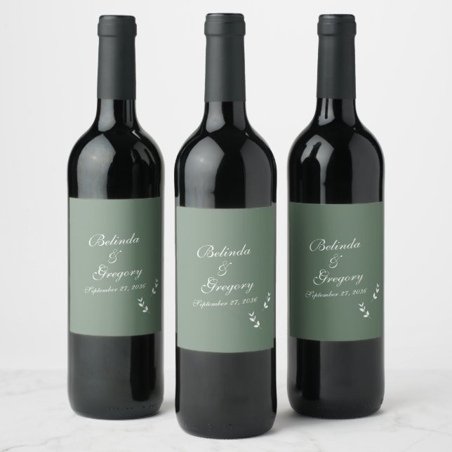 Elegant Formal Sage Olive Green Script Wedding Wine Label (Bottles)