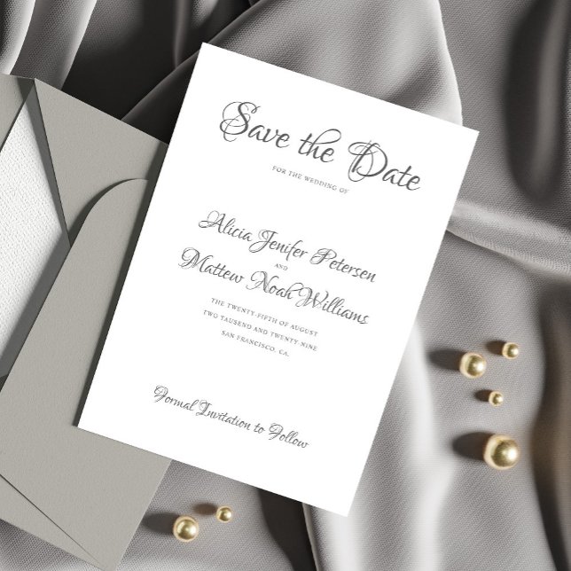 Elegant formal script black and white wedding save the date (Creator Uploaded)