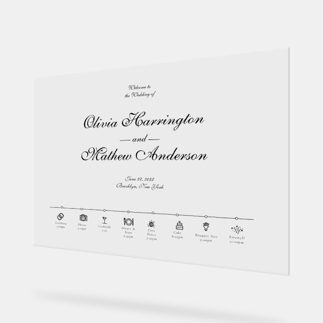 Elegant Formal Script Wedding Timeline Welcome Acrylic Sign (Angle)
