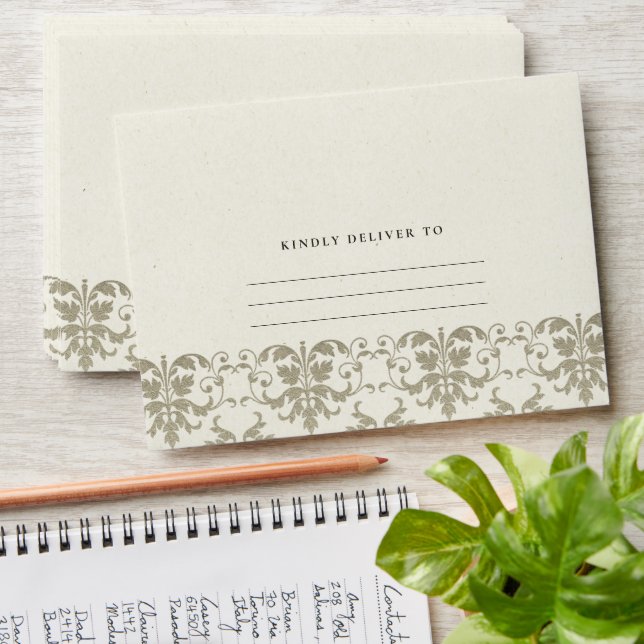 Elegant Formal Silver Ivory Damask Address Envelope (Stacked)