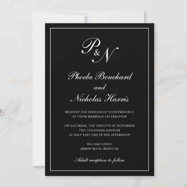 Elegant Formal Traditional Monogram Black Wedding Invitation (Front)