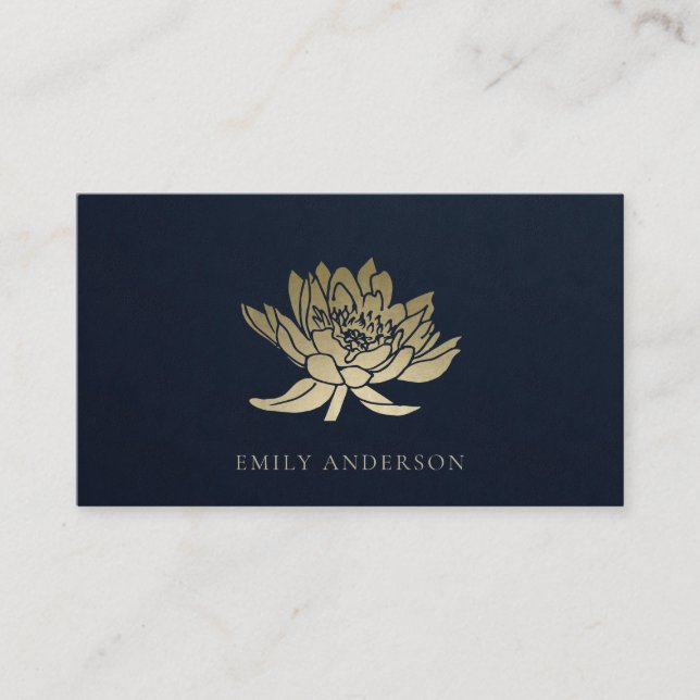 ELEGANT FORMAL TRENDY NAVY FAUX GOLD LOTUS FLORAL BUSINESS CARD (Front)