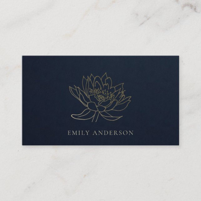 ELEGANT FORMAL TRENDY NAVY FAUX GOLD LOTUS FLORAL BUSINESS CARD (Front)