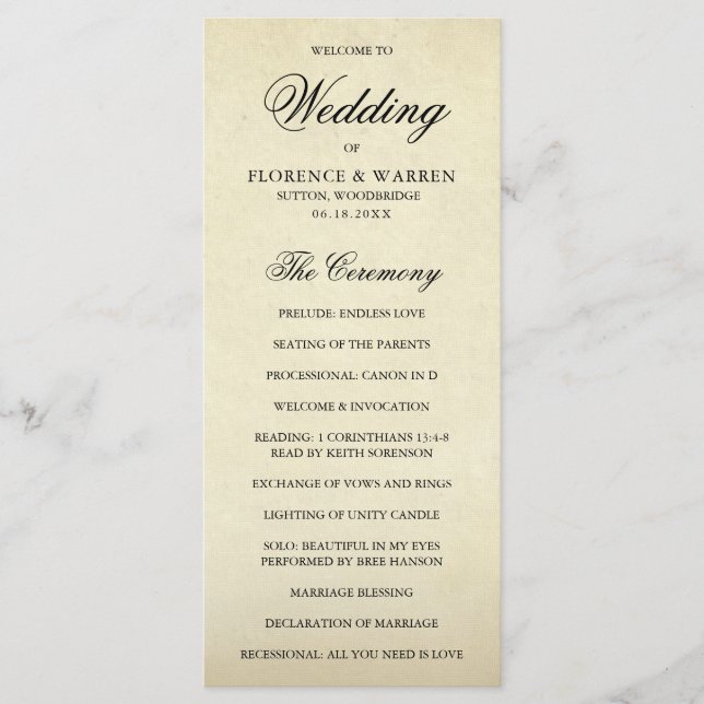 Elegant Formal Vintage Wedding Programme (Front)