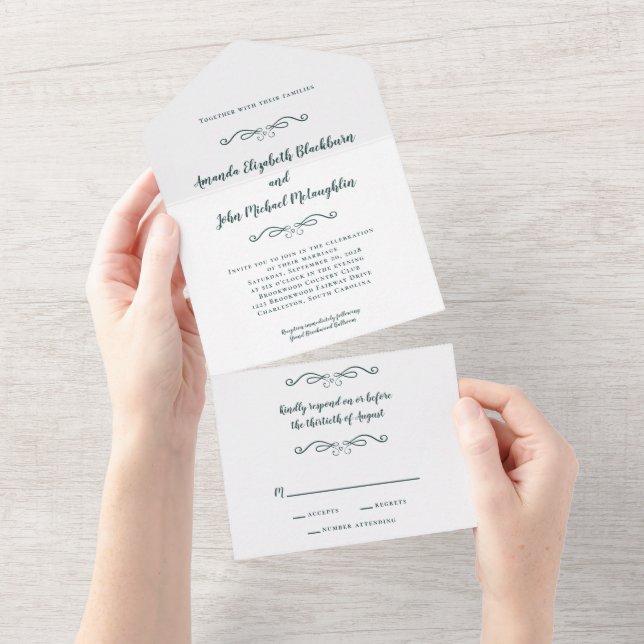 Elegant Formal Wedding Emerald Green White Trifold All In One Invitation (Tearaway)