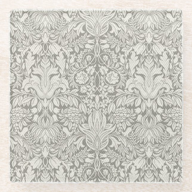 elegant formal white damask lace brocade glass coaster (Front)