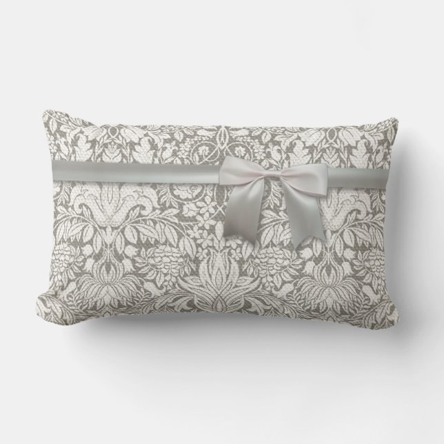 elegant formal white damask lace brocade lumbar cushion (Front)
