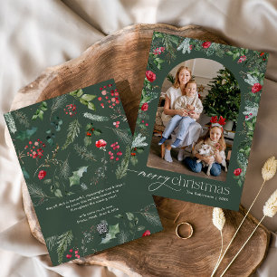 Elegant Forst Green Botanical Arch Merry Christmas Holiday Card