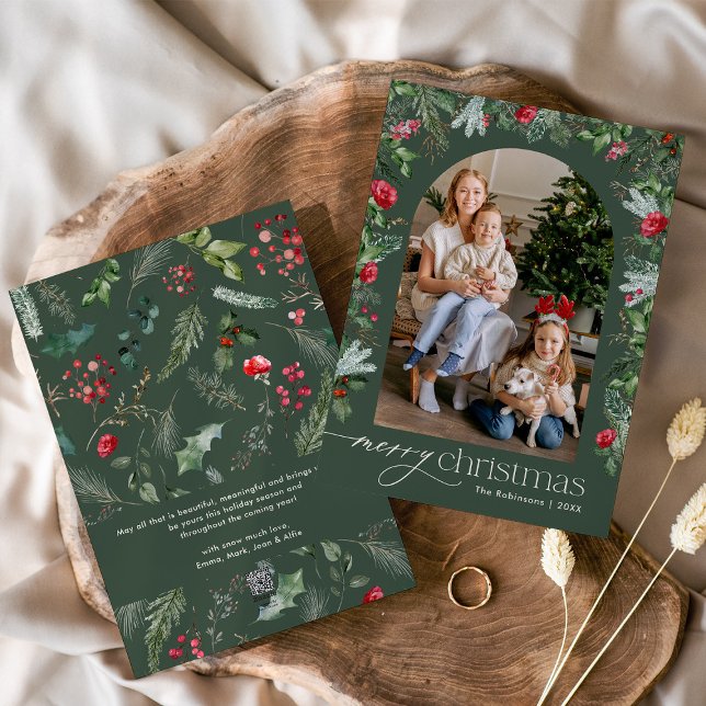 Elegant Forst Green Botanical Arch Merry Christmas Holiday Card (Creator Uploaded)