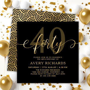 Elegant Forty Gold Script Black 40th Birthday Invitation