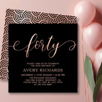 Elegant Forty Rose Gold Script Black 40th Birthday