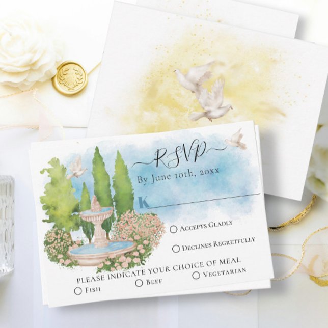 Elegant Fountain flower, doves Summer Wedding RSVP Card (Creator Uploaded)