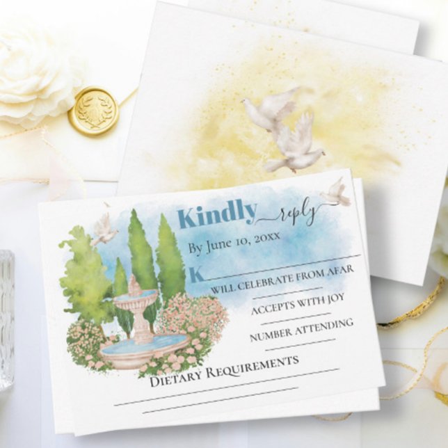 Elegant Fountain flower trees doves Wedding RSVP Card (Creator Uploaded)