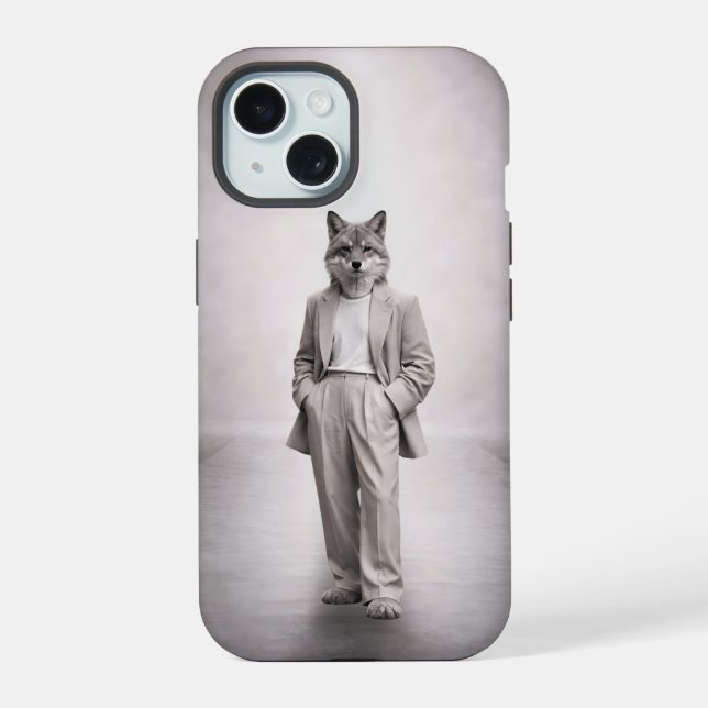 Elegant Fox in Light Modern Suit Portrait iPhone 15 Case (Back)