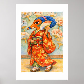 Elegant Fox Lady in Kimono with Fan Poster
