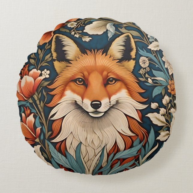 Elegant Fox William Morris Inspired Floral Round Cushion (Front)