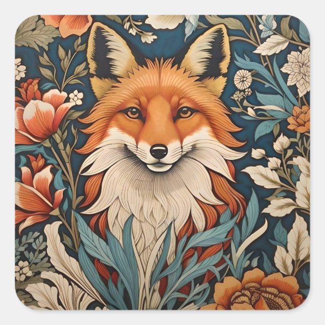 Elegant Fox William Morris Inspired Floral Square Sticker (Front)