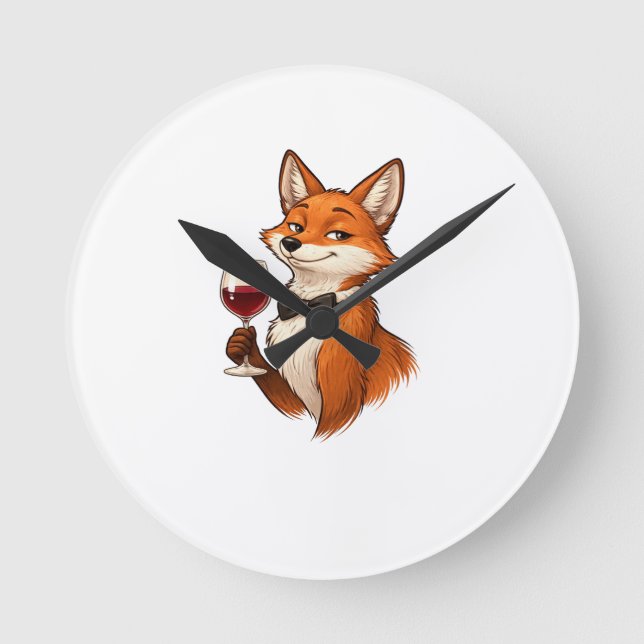 Elegant Fox with Wine Glass  Round Clock (Front)