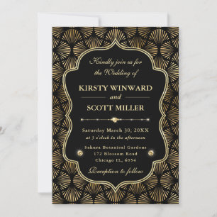 Elegant Frame Art Deco Fan Gold Wedding Invitation