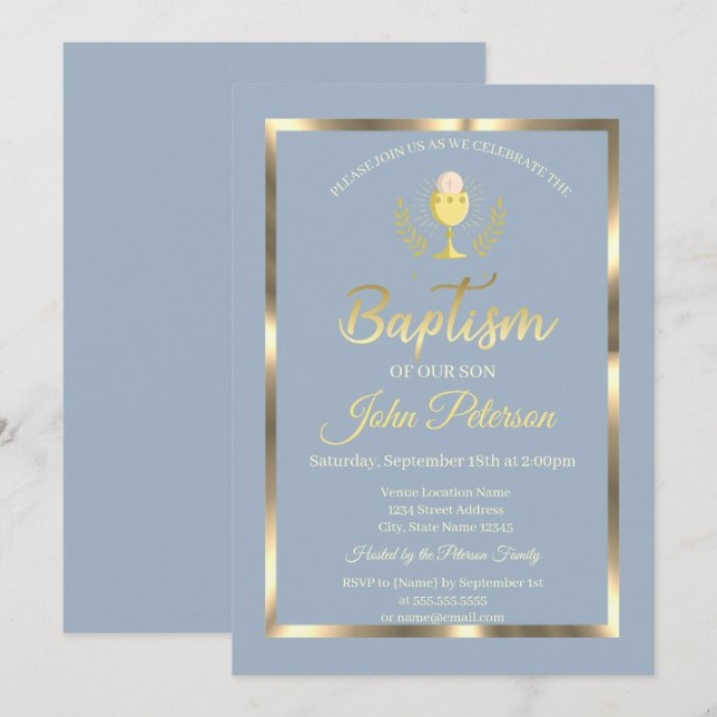 Elegant Frame Baptism Dusty Blue Invitation (Front/Back)
