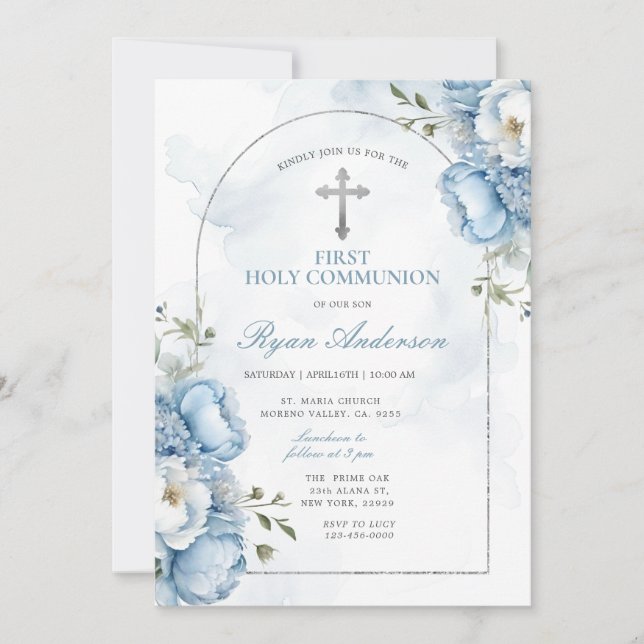 Elegant Frame Blue Floral First Holy Communion  Invitation (Front)