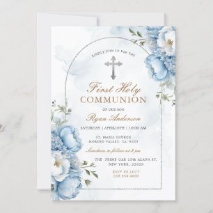 Elegant Frame Blue Floral First Holy Communion Invitation