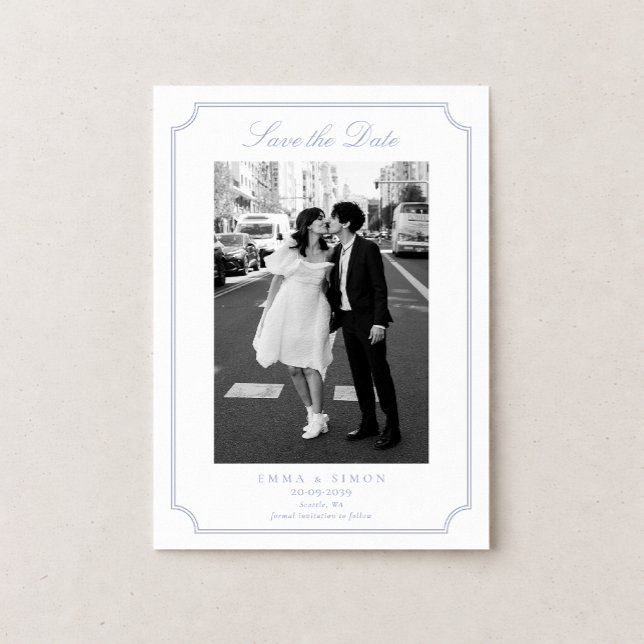 Elegant Frame Blue Photo Save the Date Thank You Card (Creator Uploaded)