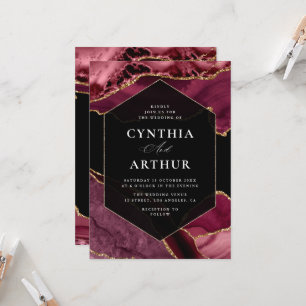 elegant frame burgundy and gold agate wedding invitation