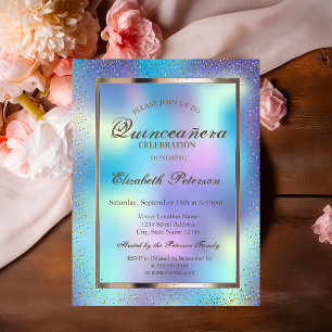 Elegant Frame Confetti Holographic Quinceañera Invitation