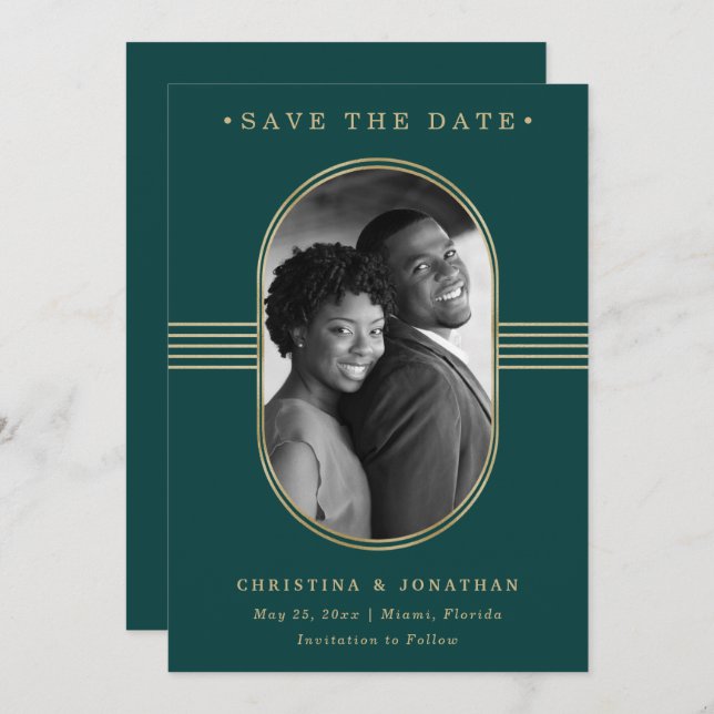 Elegant Frame | Emerald Green and Gold with Photo Save The Date (Front/Back)
