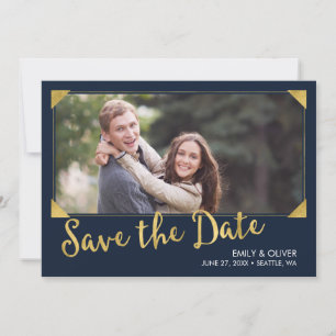 Elegant Frame Faux Gold Blue Photo Save the Date