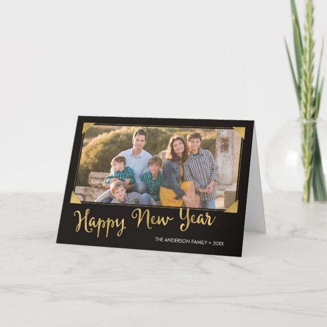 Elegant Frame Faux Gold Happy New Year Photo Holiday Card (Front)