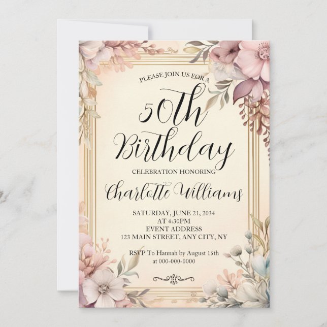 Elegant Frame Floral Women 50th Birthday Invitation (Front)