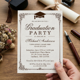 Elegant Frame Ivory Linen Graduation Party Invitation