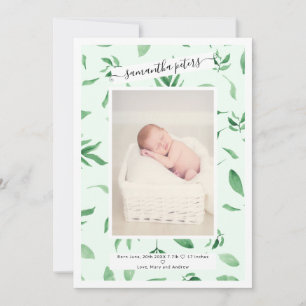 Elegant frame leaf watercolor photo baby birth announcement