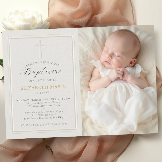Elegant Frame Modern Classic Cross Ecru Baptism Invitation (baptism invitation party card classic elegant double frame holy cross christening blessing photo)