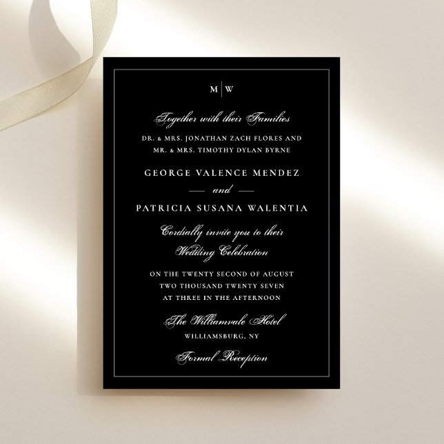 Elegant Frame Monogram Classic Black White Wedding Invitation (Creator Uploaded)