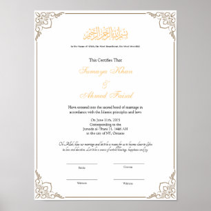 Elegant frame Muslim nikkah certificate poster