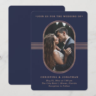 Elegant Frame   Navy and Rose Gold Photo Wedding Invitation