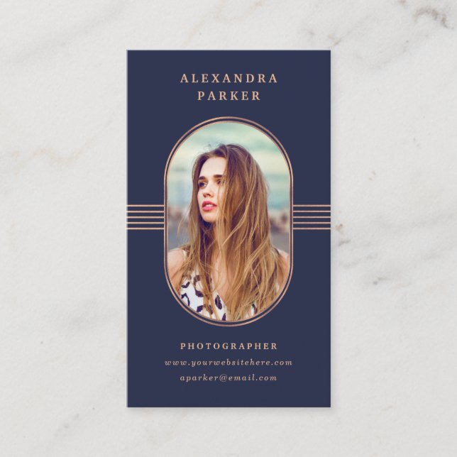 Elegant Frame | Navy Blue and Rose Gold Photo Business Card (Front)