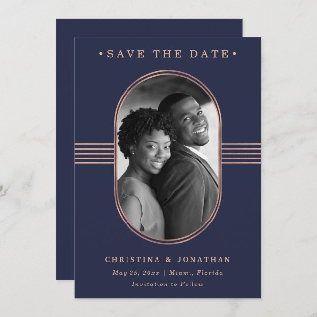 Elegant Frame | Navy Blue and Rose Gold with Photo Save The Date (Front/Back)
