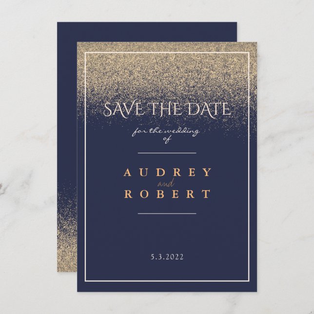 Elegant Frame Navy Blue Gold Glitter Wedding Save The Date (Front/Back)